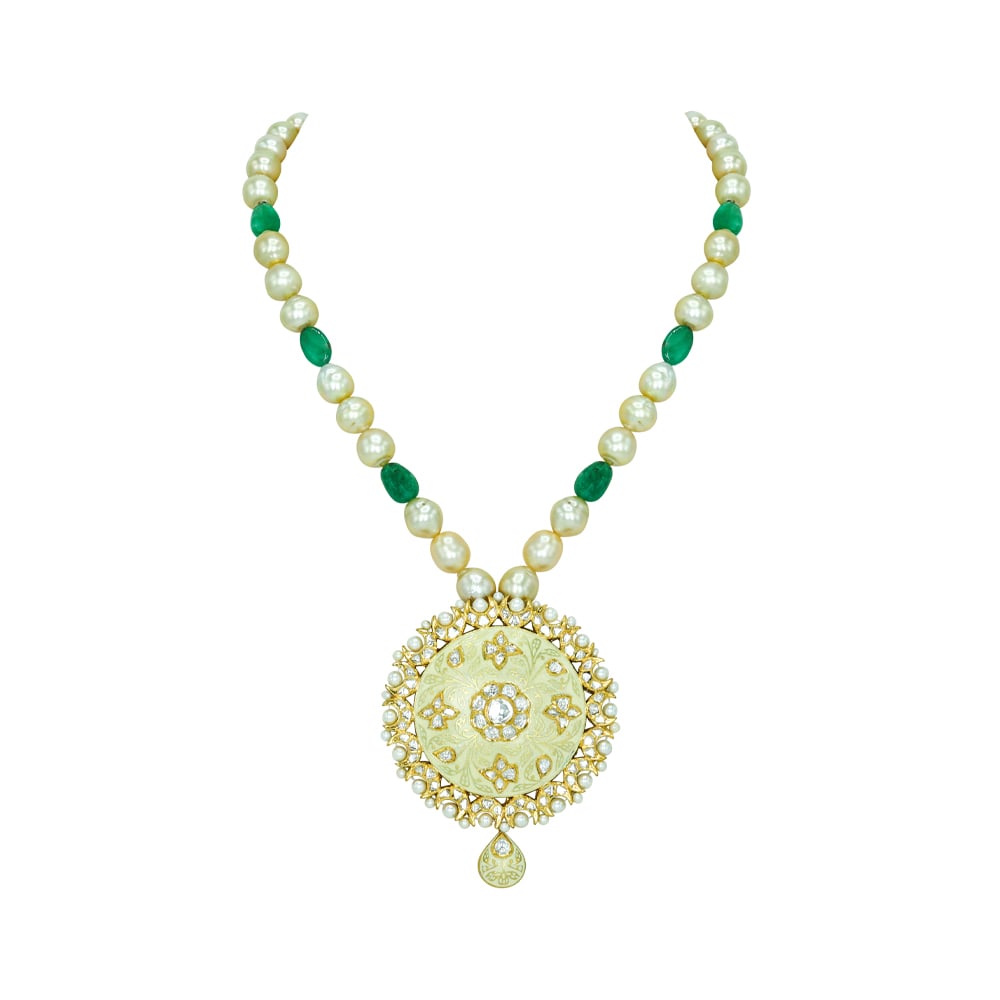 Ivory-Mint Enamel Pendant Necklace with Pearls and Emeralds